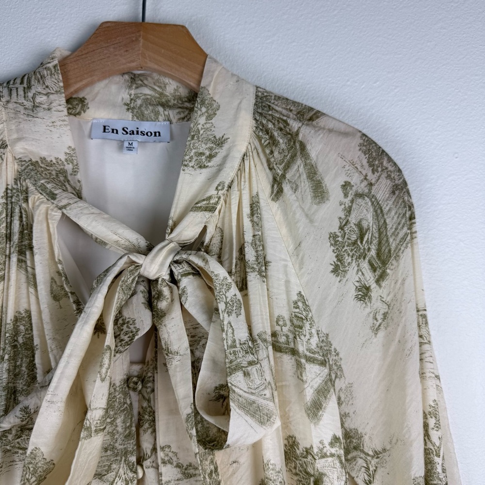 En Saison Cream Olive Leighton Toile Minidress Printed Long Sleeve Size Medium - Picture 7 of 16
